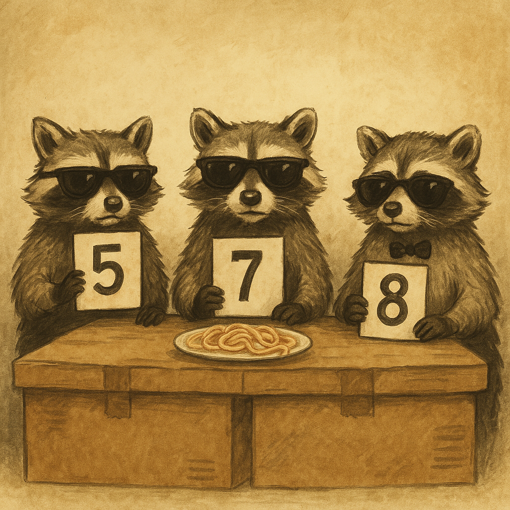 The three raccoon judges sitting behind a makeshift desk made of cardboard boxes, wearing sunglasses and holding scorecards