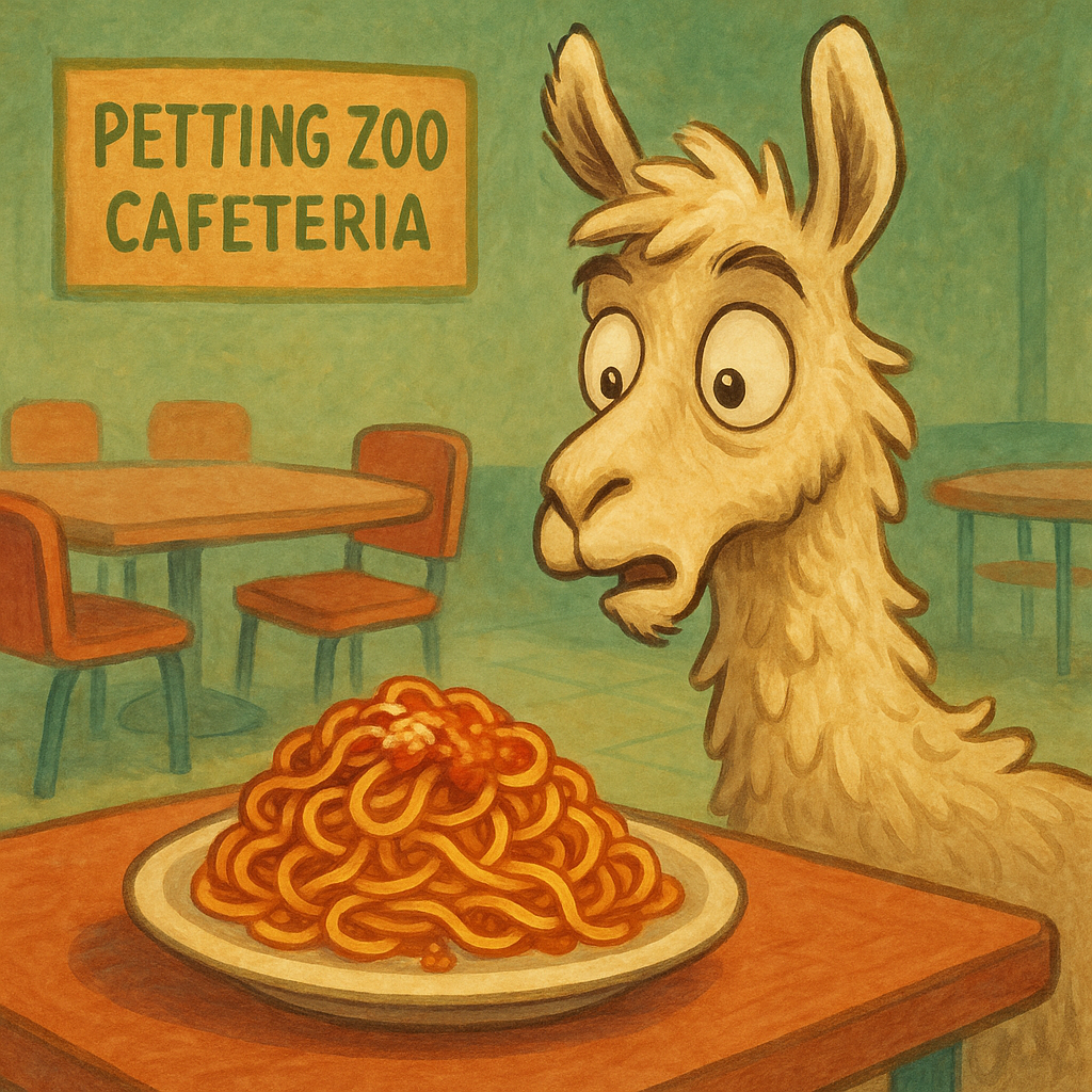 Gerald discovering the spaghetti, his eyes wide with inspiration, standing in front of a cafeteria table with an abandoned plate of pasta