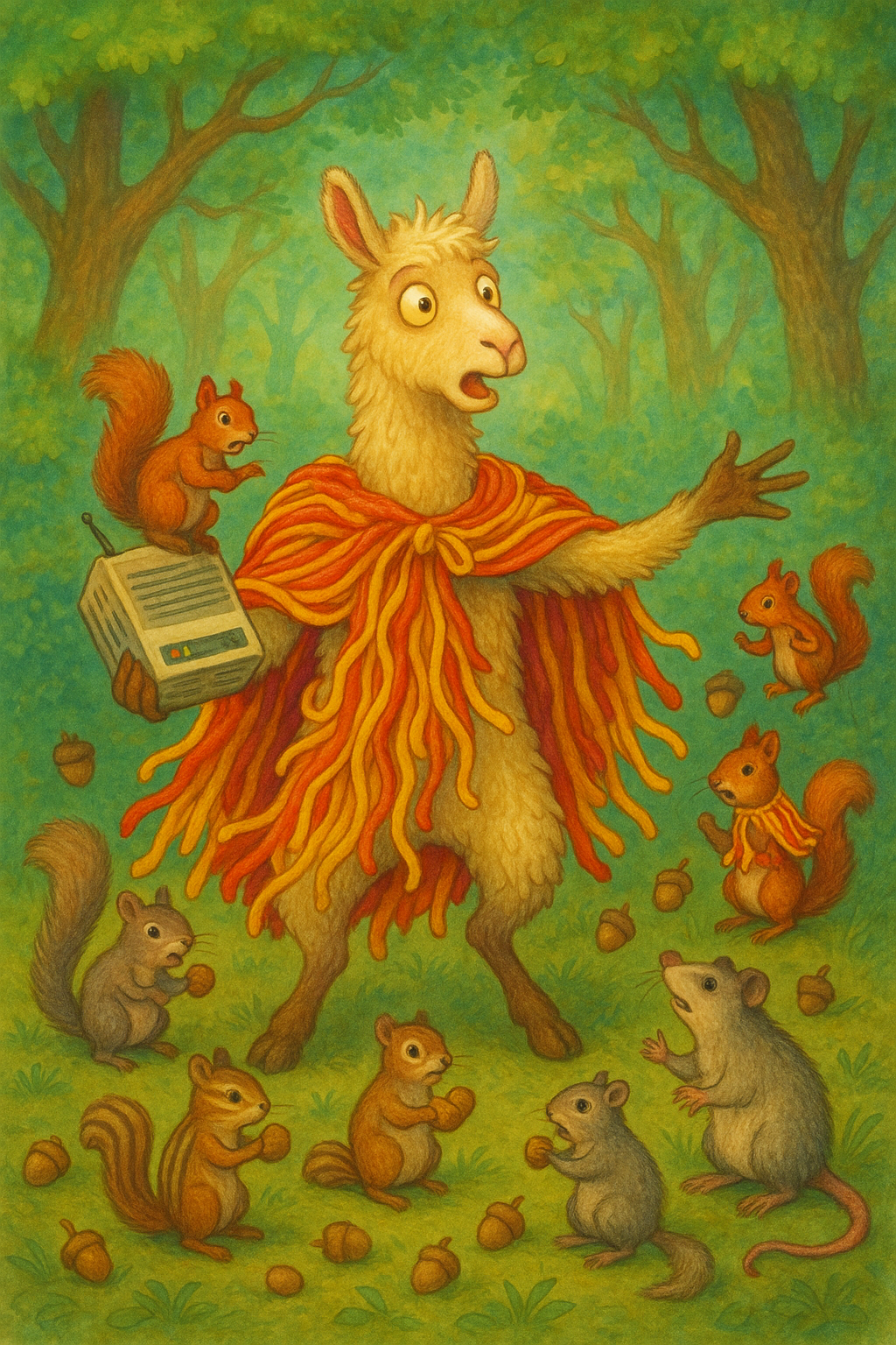 Gerald attempting to conduct a chaotic group of squirrels while wearing his spaghetti cape and holding a modem