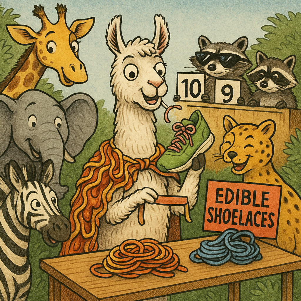 Gerald standing proudly with his edible shoelace invention, surrounded by admiring zoo animals and his raccoon judges