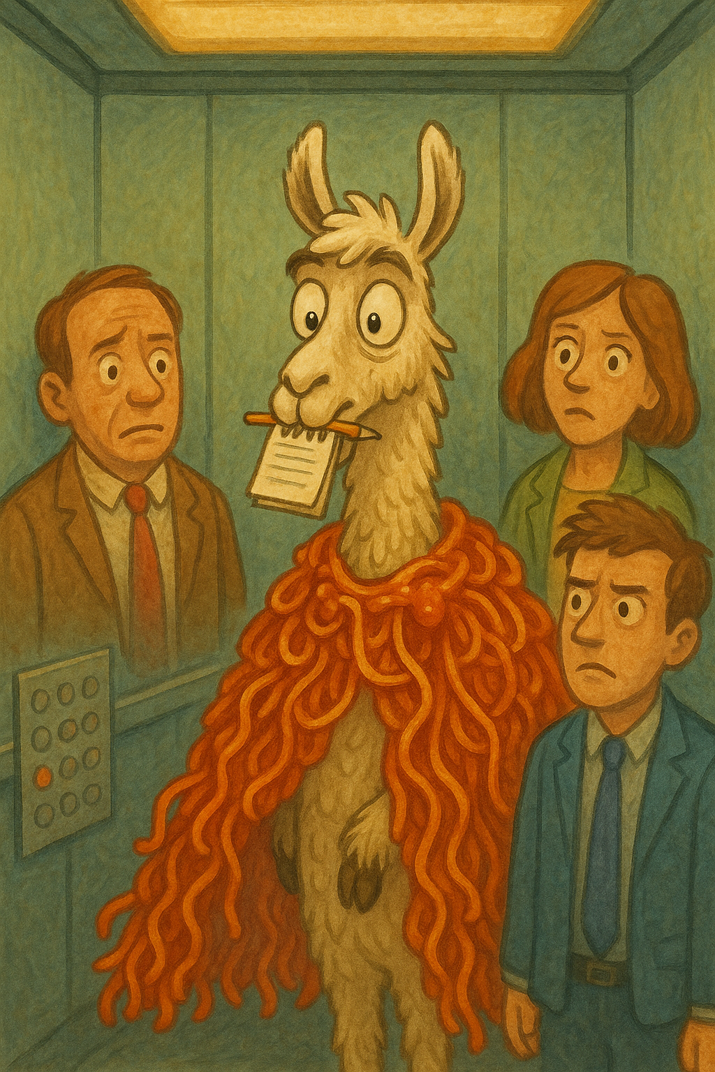 Gerald in an elevator wearing his spaghetti cape, holding a notepad in his mouth, surrounded by confused humans