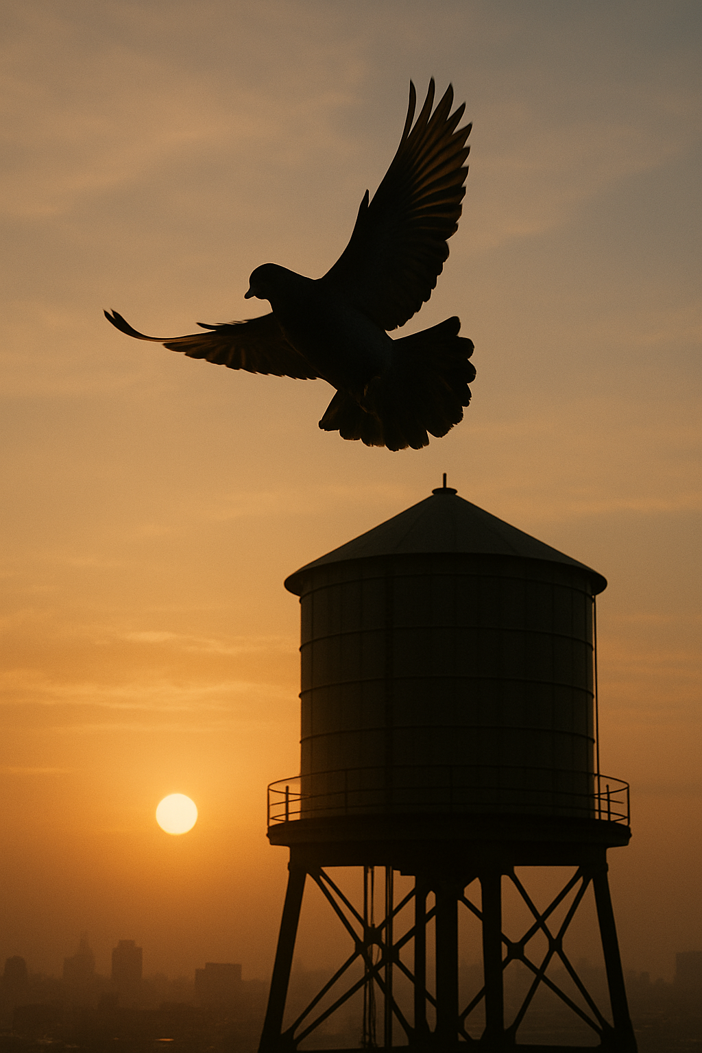 Larry performing aerial maneuvers above a water tower, demonstrating impressive agility as he practices swooping techniques. The early morning sun creates a silhouette effect.