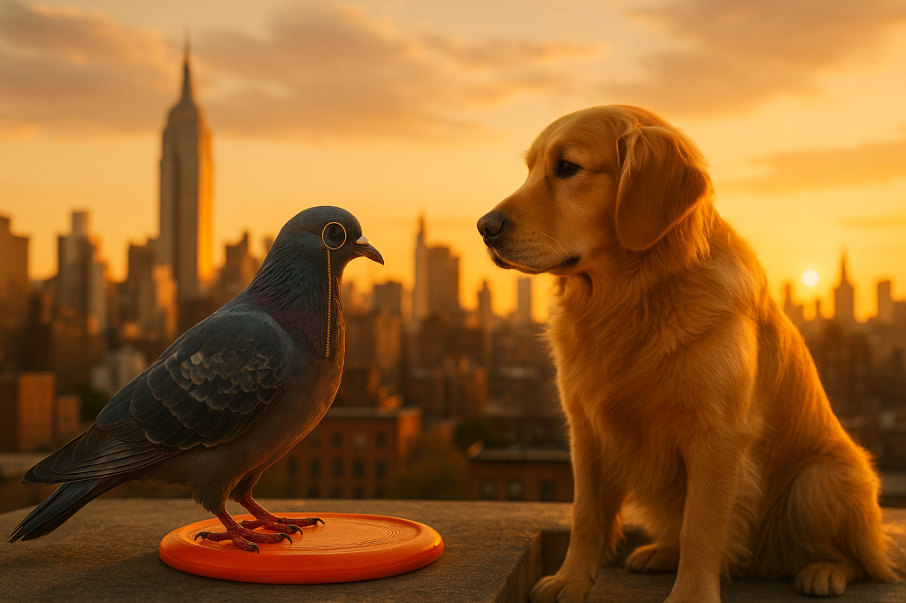 Larry and Bartholomew the golden retriever on a rooftop, engaged in what appears to be a serious conversation. Larry is perched on the edge of his frisbee while Bartholomew sits attentively, both illuminated by the setting sun with the city skyline in the background.