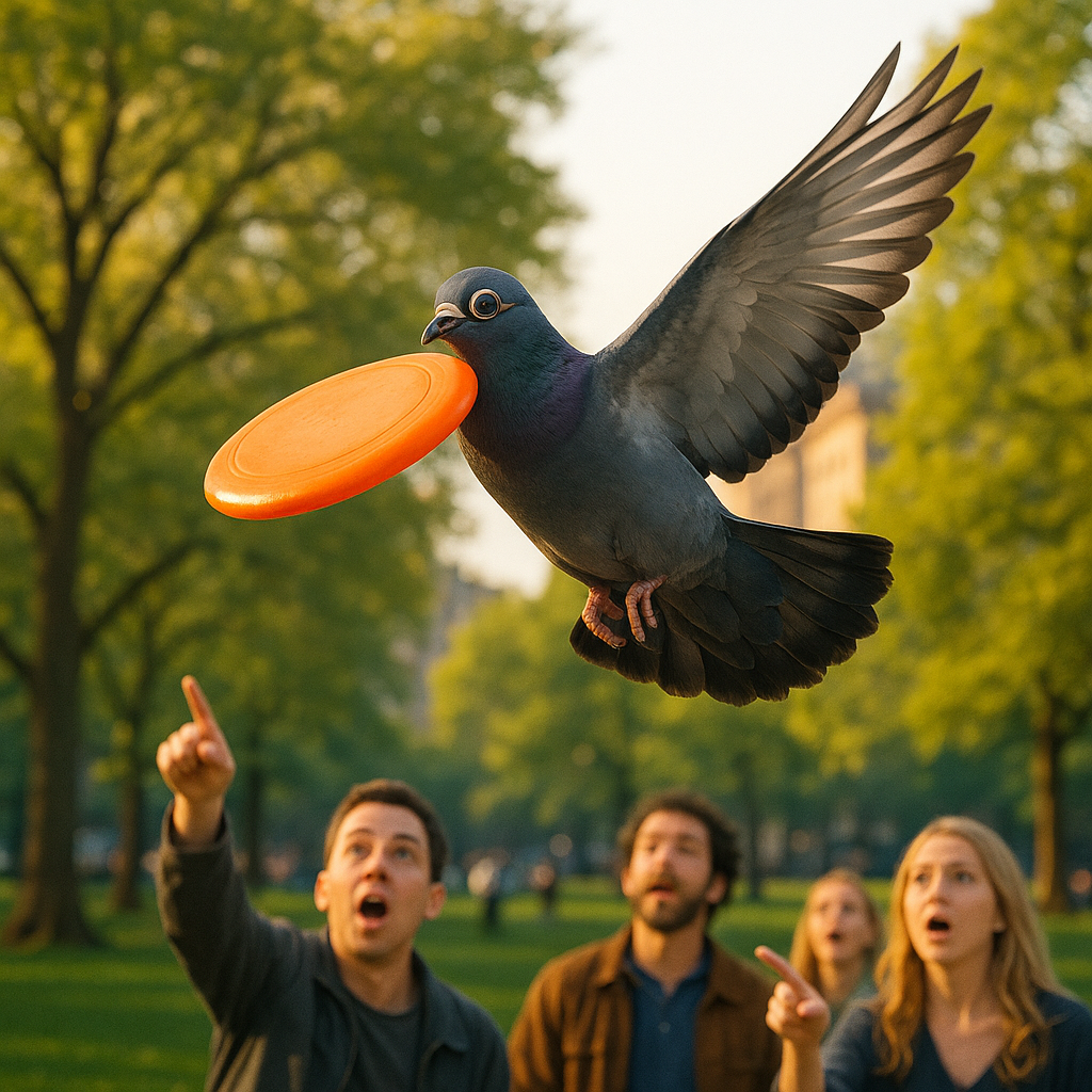 Larry in mid-flight, proudly carrying an orange frisbee that he mistook for a pizza box. His expression shows absolute confidence despite his mistake. Park-goers below are pointing up in amazement.