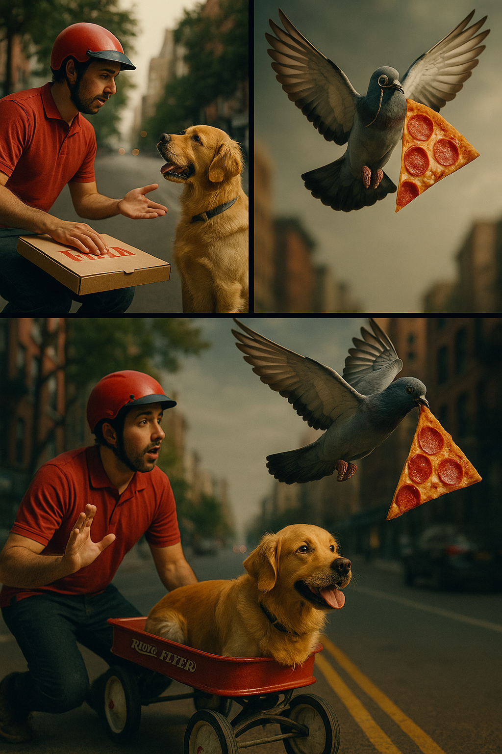A split-screen action sequence showing their heist in progress: on the left, Bartholomew deploying his "Adorable Distraction Protocol" with a delivery person; on the right, Larry swooping in to snatch a pizza slice; and at the bottom, both making their getaway with Bartholomew pulling a wagon containing their prize while Larry flies overhead.