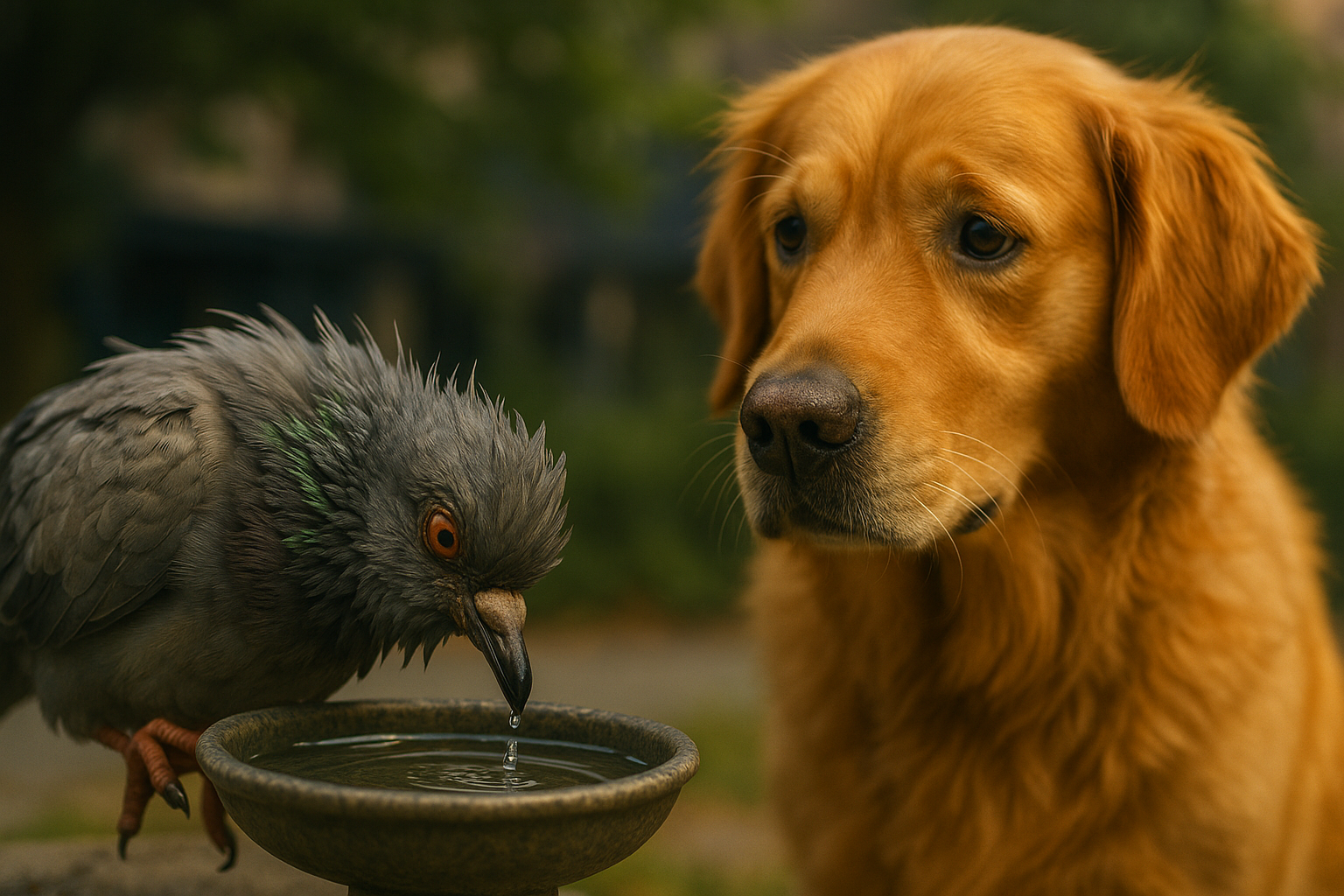 Larry's reaction after the infamous wasabi incident, showing him with ruffled feathers and a slightly dazed expression, drinking from a tiny bird bath to cool his beak. Bartholomew looks on with concern.
