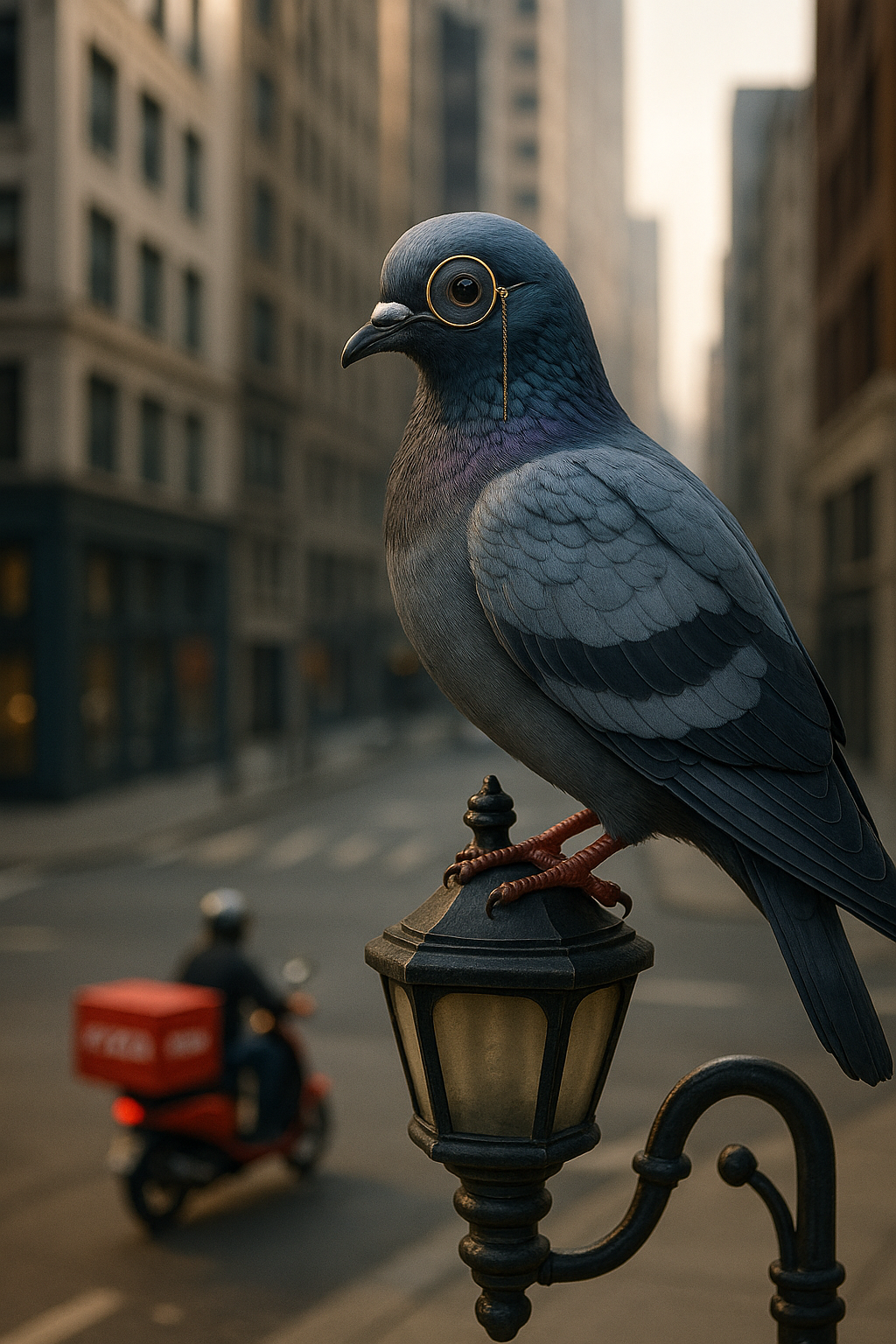Larry the Pigeon in his signature monocle perched on a city lamppost, surveying the streets below with an air of sophistication. A pizza delivery scooter can be seen in the background.