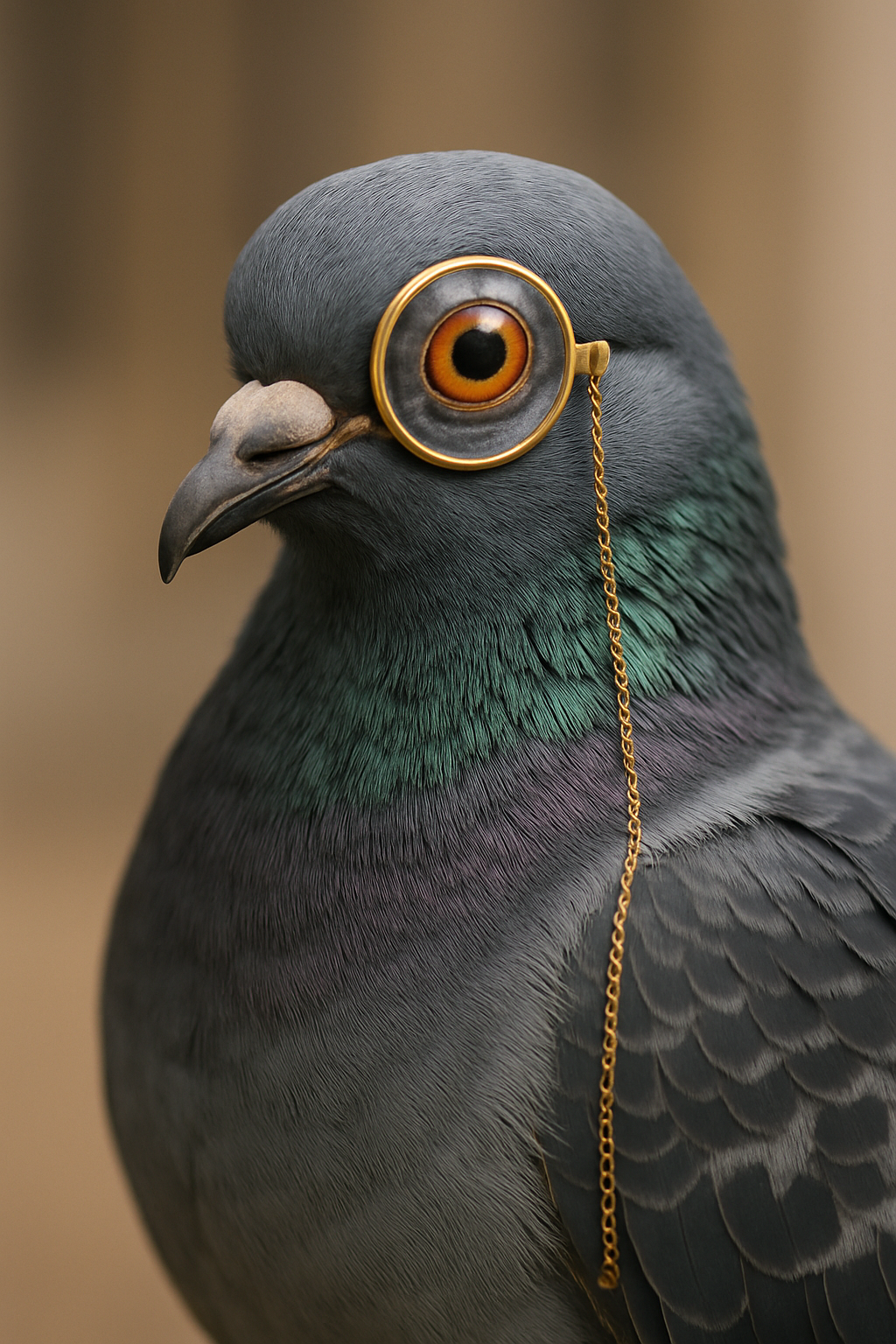 Close-up of Larry wearing his trademark monocle, which gives him an aristocratic appearance despite his otherwise common pigeon features. The monocle should have a thin gold chain attached.