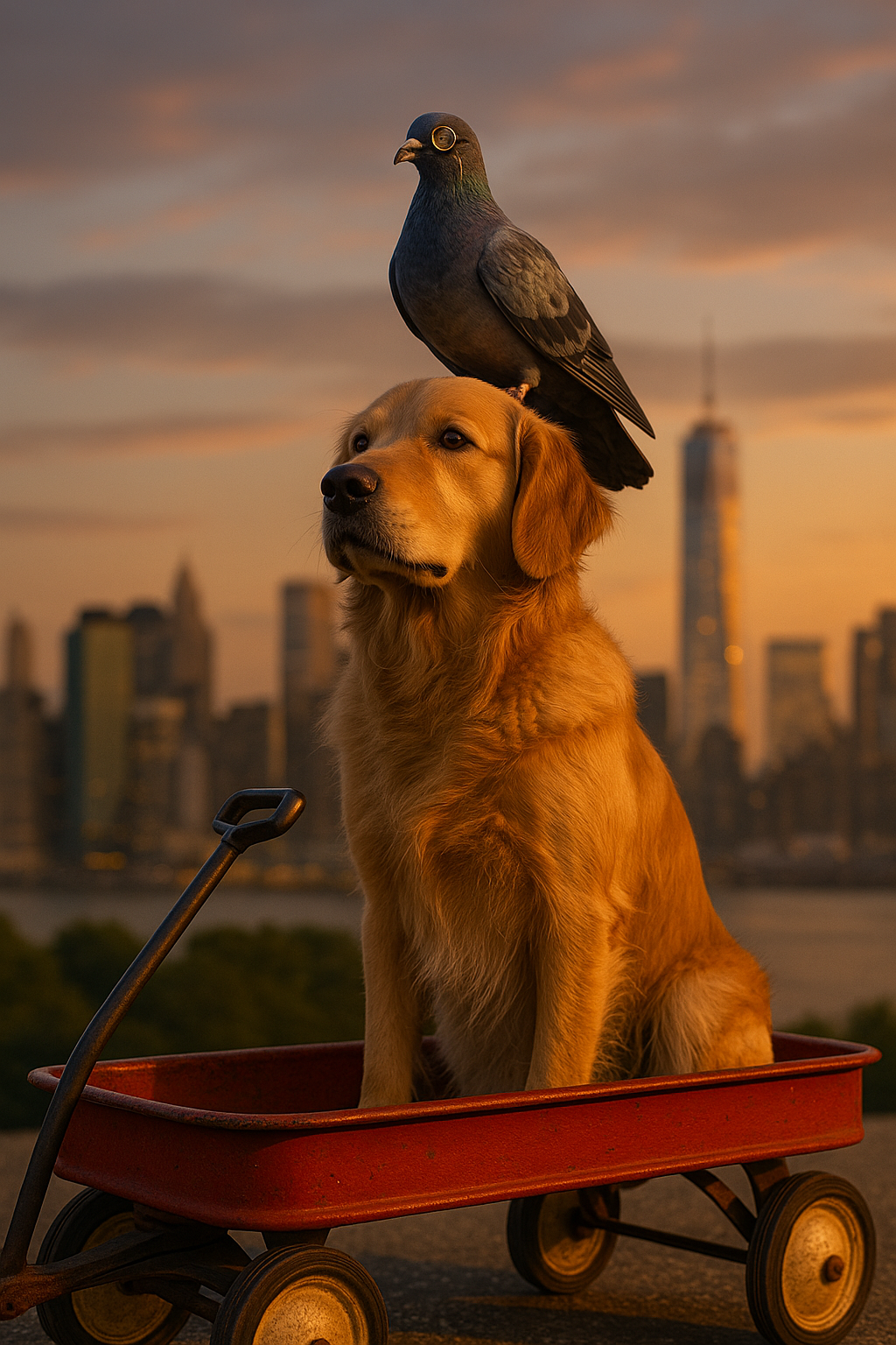 A statue-like pose of Larry perched on Bartholomew's head, both looking regal and accomplished against the city skyline. The golden retriever sits proudly in his red wagon, while Larry's monocle catches the light dramatically.
