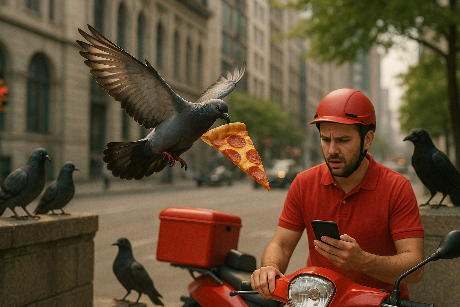 An action shot of the Pizza Theft Championship in progress, showing Larry executing a perfect swoop while confused delivery personnel look at their malfunctioning GPS devices. Other bird competitors can be seen watching with envy in the background.